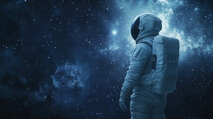 Fototapeta premium An astronaut floats alone in the vastness of space, staring into the deep void filled with distant stars and nebulas, as intense astrophobia grips them in the cold abyss.