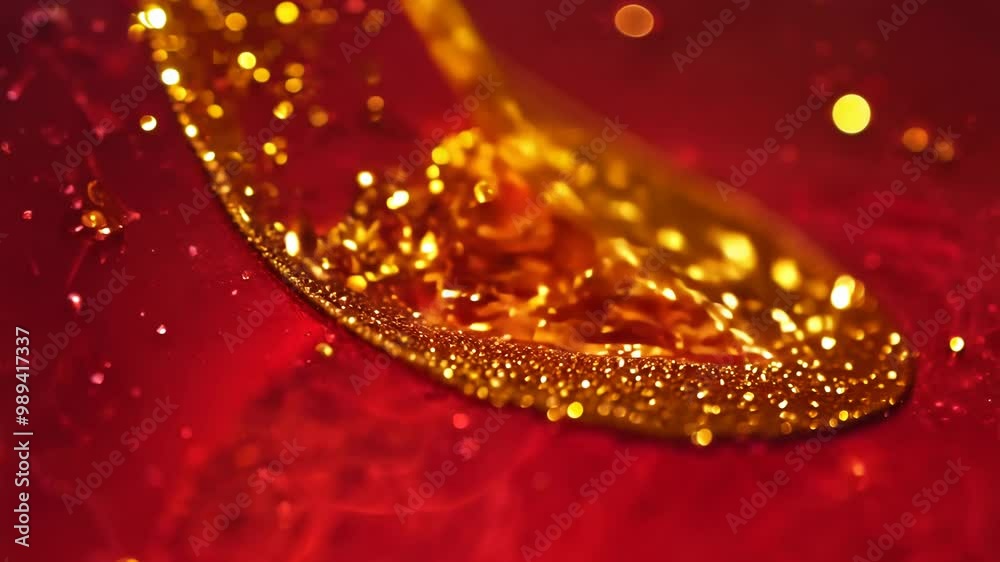 Aufkleber Dynamic drops of yellow glitter in red oil or ink diffusing through liquid, creating an abstract syrup swirls