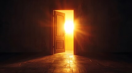 A wooden door ajar, revealing a bright light source in a dark room.