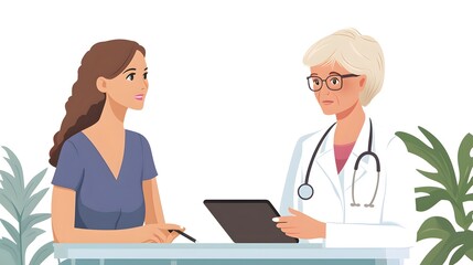 Fototapeta premium A female doctor in a white coat consulting with a patient in a medical setting.