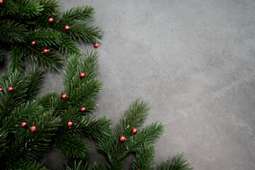 Close-up of a Christmas tree branch with shiny red decorations against a dark background, perfect for the holiday season. Place for text. Top view.