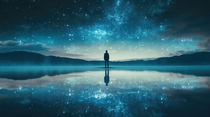 A person stands at the edge of a serene lake at night, gazing at the stars reflected on the water, feeling astrophobia as the boundary between sky and lake blurs into space.