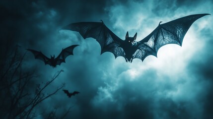Fototapeta premium Flying bats, dark clouds, and an ominous castle in the background. The scene is illuminated by moonlight casting long shadows over ancient tombstones. Sense of mystery