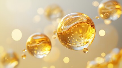 Glowing golden bubbles suspended in a soft, blurred background.