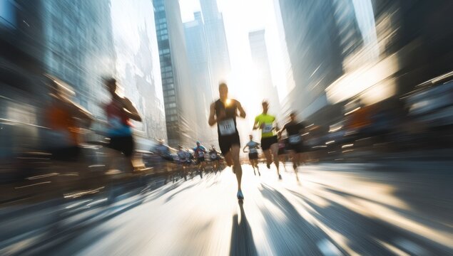 The focus is on the frontrunner in an urban marathon, with blurred figures of other runners behind them against a backdrop of city streets and skyscrapers Generative AI