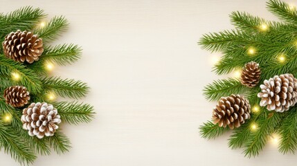 Fototapeta premium Enchanting Christmas garland with pine cones and twinkling lights on a rustic wooden table for festive celebrations