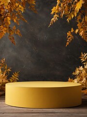Empty round Podium for demonstration and montage of product with yellow orange autumn decor made of fallen leaves against the background of a gray concrete wall. Autumn mood. Copy space. 