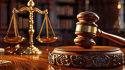 Wooden Judge Gavel Mallet and Scales of Justice for Legal Court Judgement Criminal Judicial Authority illustration