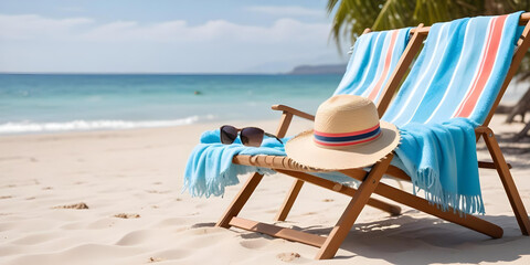 Relaxing beach scene with a deck chair, sunhat, and sunglasses on a sandy shore, overlooking calm blue ocean waters on a sunny day.
