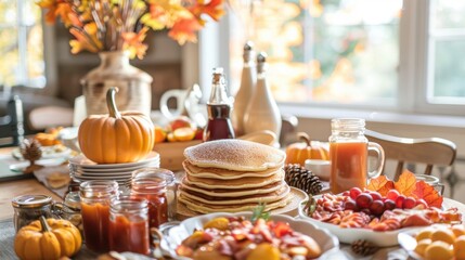 Naklejka premium Autumn Canadian Thanksgiving Brunch Buffet with Pancakes, Eggs, and Fall-Themed Decorations