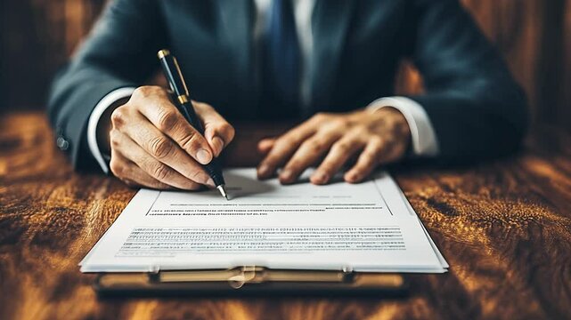 A business professional is carefully signing a significant contract on a polished wooden desk, showcasing determination and focus in an upscale office environment.