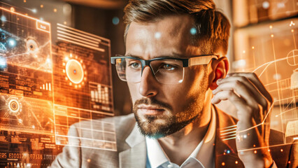AI cyber security threat, male american IT specialist analysing futuristic holographic data information. blue & orange colour, sugmented reality artificial intelligence concept banner