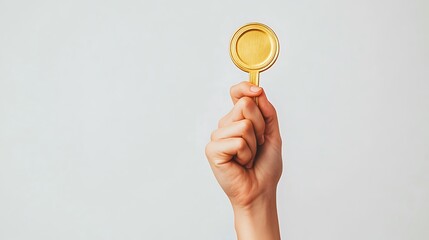 Hand Holding Gold Victory Emblem, Celebrating Significant Award on White Background