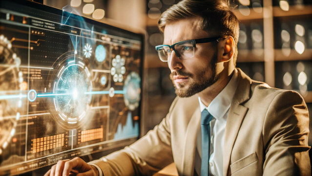 AI cyber security threat, male american IT specialist analysing futuristic holographic data information. blue & orange colour, sugmented reality artificial intelligence concept banner