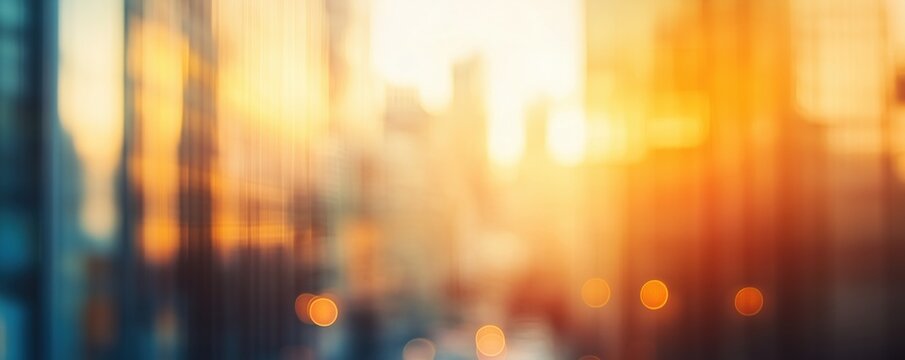 Blurry panoramic photo of a cityscape with golden lights at sunset, abstract urban background
