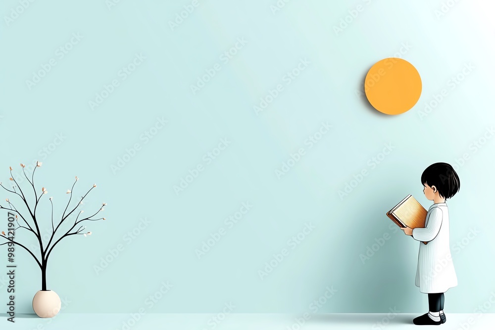 Poster A minimalist illustration of a child holding a book, with simple lines and soft colors capturing the essence of reading