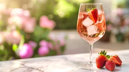 Refreshing summer drink with ice cubes and strawberries in a glass on marble table.