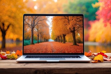 Laptop with wallpapers with autumn mood on autumn yellow leaves in a park with trees background on table. Seasonal remote work, internet, shopping. 