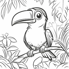 Naklejka premium Cute Toucan Illustration on Branch with Tropical Plants