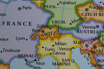Naklejka premium Close up of the country of Switzerland viewed on a wold map as a travel concept. Switzerland on a map 