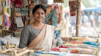 Smiling woman in traditional indian attire at colorful outdoor market stall