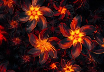 Fractal Pattern of Glowing Flowers in Orange and Red