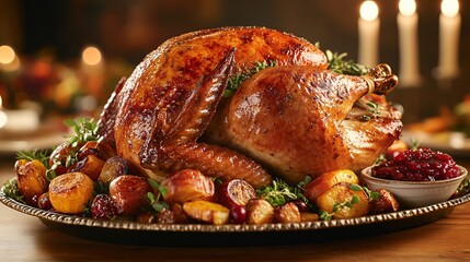 Roasted turkey with potatoes, cranberry sauce, and herbs on a silver platter.