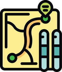 This colorful icon depicts a skiing map showing the route and location with skis