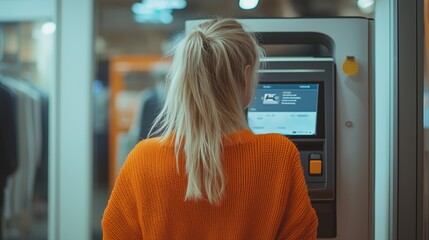 Obraz premium Woman in an orange sweater using a self-service kiosk in a retail store during daytime