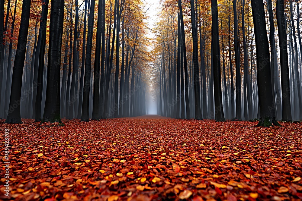Poster a misty autumn forest, with golden and red leaves carpeting the forest floor and soft light filterin