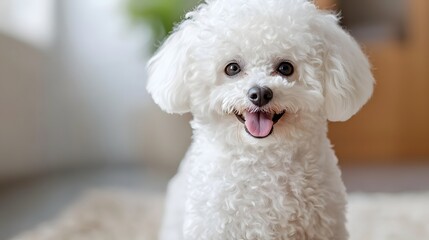 Adorable white Bichon Frise dog smiling happily indoors.