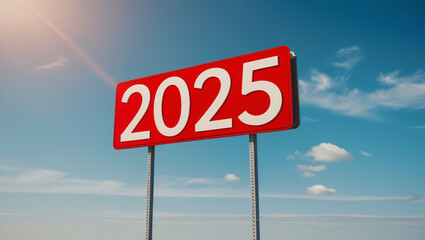 Text 2025 on red sign against blue sky. New Year resolution and goal to change and progress, business success and growth strategy