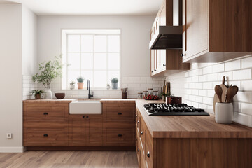A modern rustic kitchen with beautiful wooden cabinets, allowing natural light to create warmth