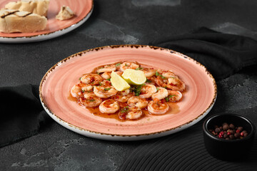 Shrimp in Sweet Chili Sauce on Pink Plate – Elegant Food Photography with Dramatic Lighting and High Contrast