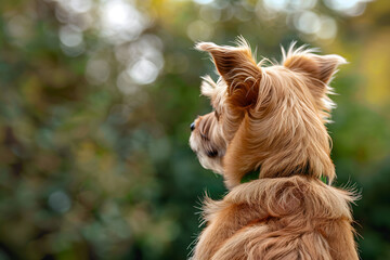 Back view of dog in garden.