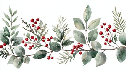 Christmas Wreath with Green Leaves and Red Berries