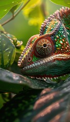 Color-Changing Chameleon in Tropical Foliage - Nature Wildlife Print Design for Posters and Cards