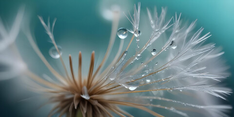 Fototapeta premium Macro shot of delicate dandelion seeds adorned with water droplets, against a soft, blurred background 