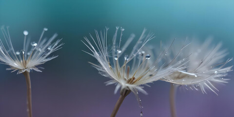 Obraz premium Macro shot of delicate dandelion seeds adorned with water droplets, against a soft, blurred background 