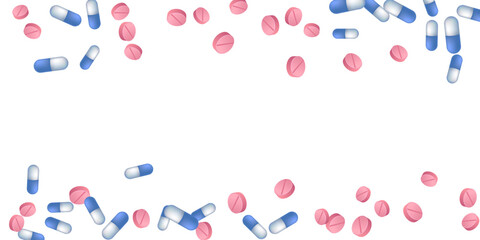 Antiviral pills medical vector illustration. Capsule drugs and tablets disease prescription elements. Blue white and pink pills, emergency treatment or vitamins. Therapy cure drugs.