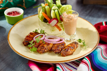 Buffalo Wings with Cocktail Sauce and Vegetable Sticks on a Plate