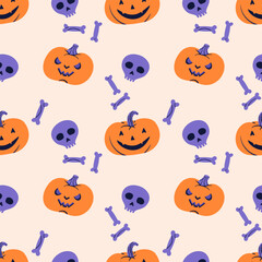 Cute pumpkins, skulls and bones. Seamless pattern for Halloween. Wallpaper, textile, wrapping paper, elements for your design. Flat vector illustration
