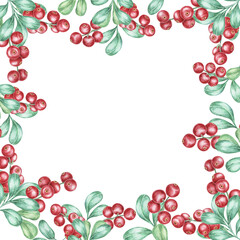 A square frame featuring clusters of red cranberries and green leaves along the edges, leaving the center blank. Watercolor clipart frame ideal for invitations, festive packaging, or seasonal designs