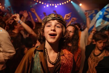 A joyful young boy celebrates his bar mitzvah party with friends and family in a vibrant and...