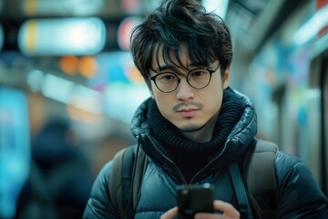 Young Asian man wearing glasses checks his phone while riding the subway during the evening in a bustling city setting