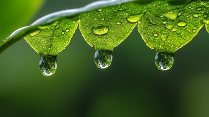 Macro 3D Render of Crystal-Clear Water Droplets Dripping from Leaf Post Rainfall - High Detail Close-Up Shot