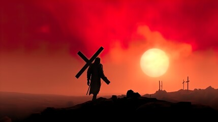 A man is carrying a large cross while wearing a crown of thorns on his head