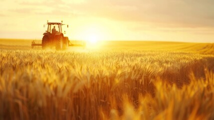 Fototapeta premium Farmer Harvesting Crops During Golden Sunset