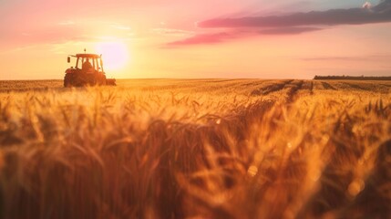 Fototapeta premium Farmer Harvesting Crops During Golden Sunset