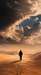 Obraz premium Lone Explorer Walking in Majestic Desert with Dramatic Clouds